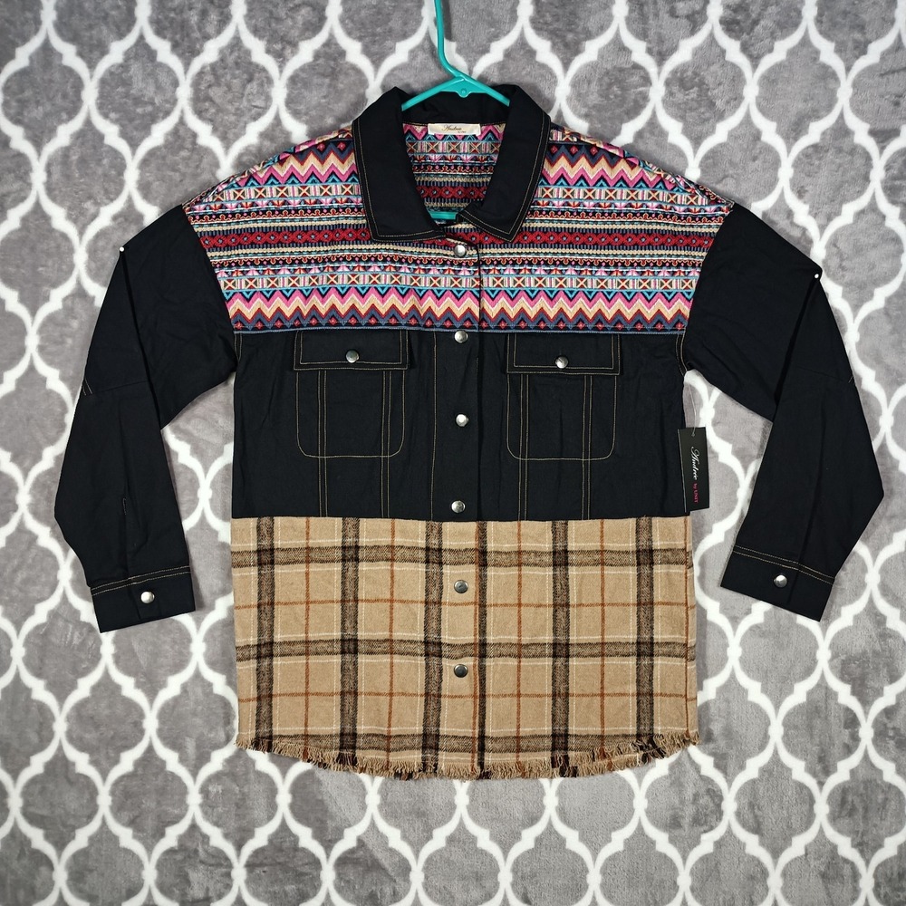 Patchwork Aztec Shacket Cowgirl Boho Western Plaid Shirt Jacket Women M